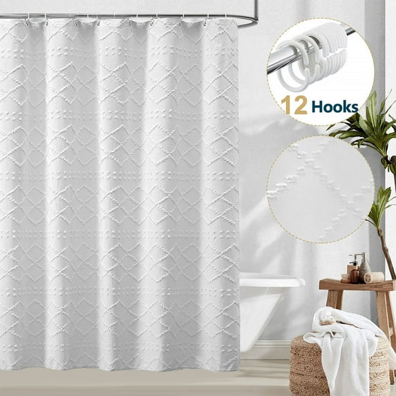 Dznils Boho Shower Curtain, Modern Textured Fabric Bathroom Curtain with 12 Hooks, White, 72" x 72"