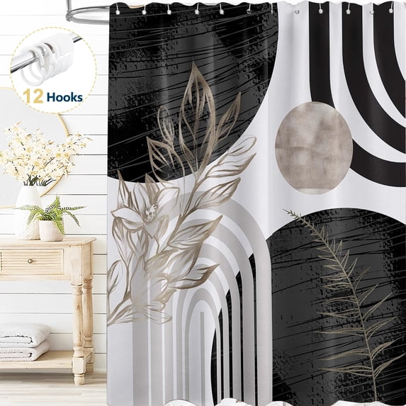Dznils Boho Shower Curtain with Hooks, Modern Abstract Fabric Bathroom Curtain, 72" x 72", Black White