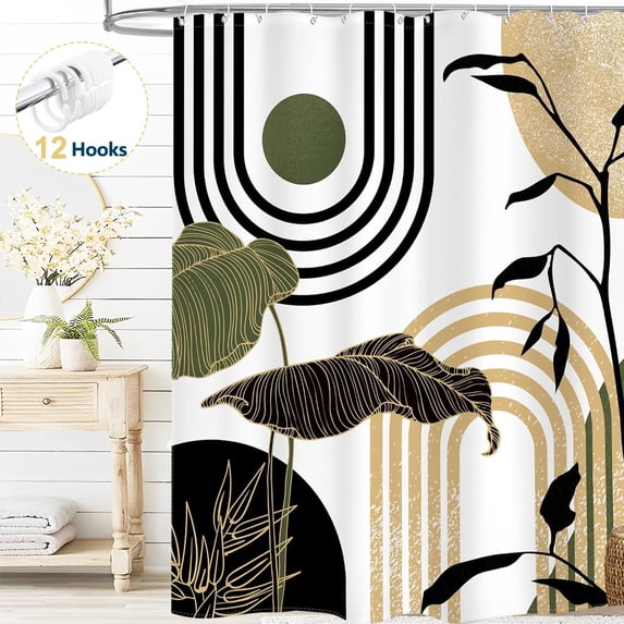 Dznils Boho Shower Curtain with Hooks, Modern Abstract Fabric Bathroom Curtain, 72" x 72", Black