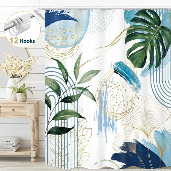 Dznils Boho Shower Curtain with Hooks, Modern Abstract Fabric Bathroom Curtain, 72" x 72", Blue