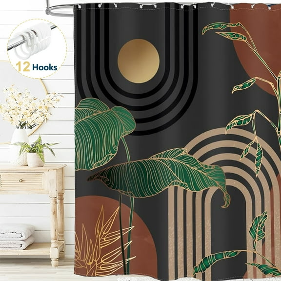 Dznils Boho Shower Curtain with Hooks, Modern Abstract Fabric Bathroom Curtain, 72" x 72", Gray Gold