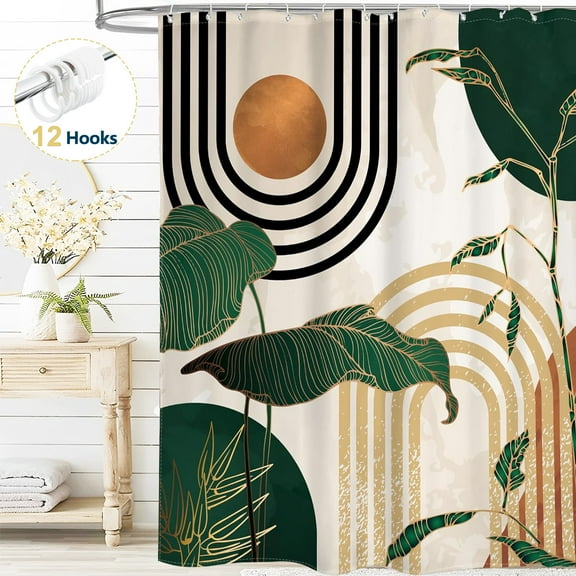Dznils Boho Shower Curtain with Hooks, Modern Abstract Fabric Bathroom Curtain, 72" x 72", Green