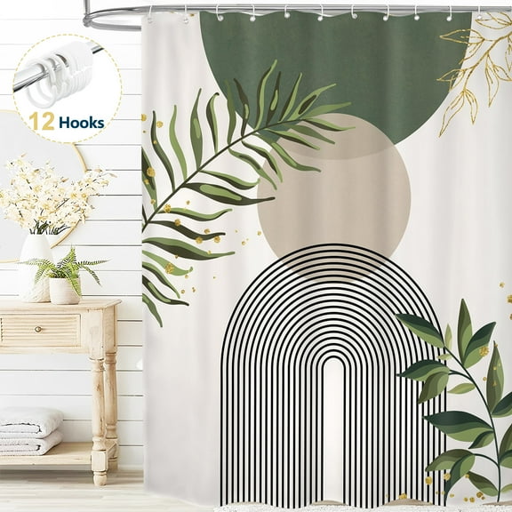 Dznils Boho Shower Curtain with Hooks, Modern Abstract Fabric Bathroom Curtain, 72" x 72", Green