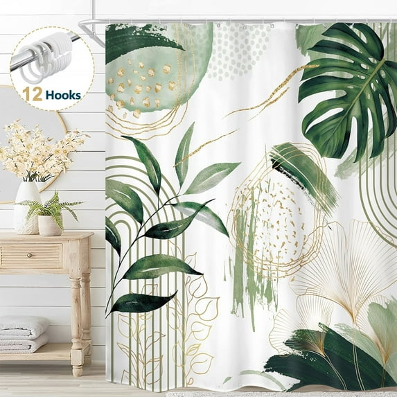 Dznils Boho Shower Curtain with Hooks, Modern Abstract Fabric Bathroom Curtain, 72" x 72", Green