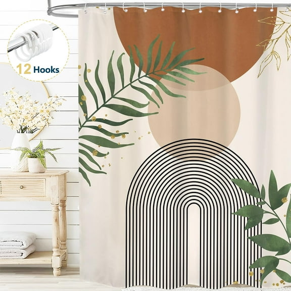 Dznils Boho Shower Curtain with Hooks, Modern Abstract Fabric Bathroom Curtain, 72" x 72", Tan