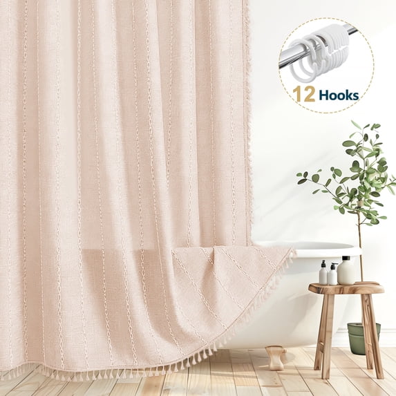 Dznils Boho Tassel Shower Curtain with Hooks, Farmhouse Thick Cloth Linen Fabric Bathroom Curtain, Cream, 72" x 72"