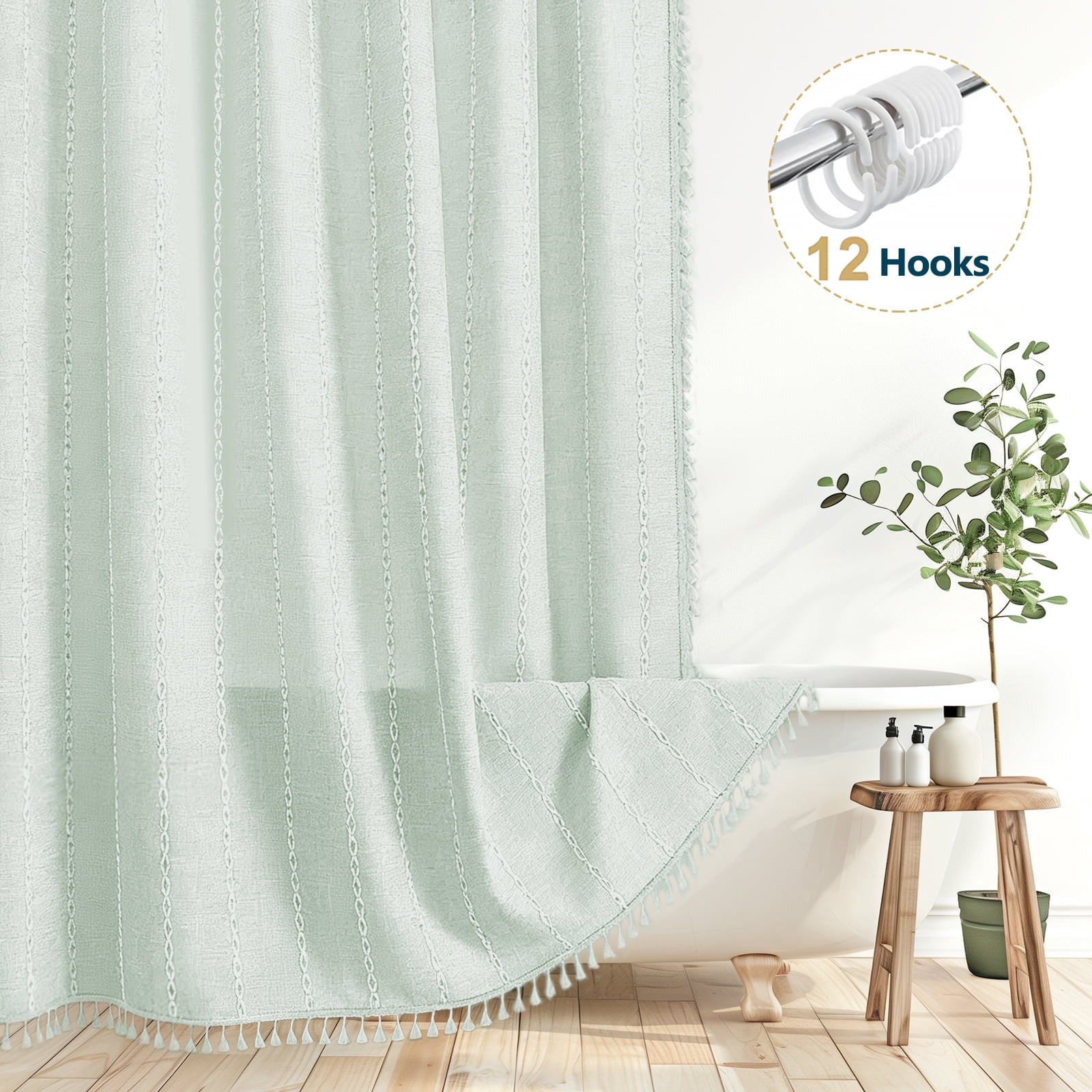 Dznils Boho Tassel Shower Curtain with Hooks, Farmhouse Thick Cloth Linen Fabric Bathroom Curtain, Green, 72" x 72"