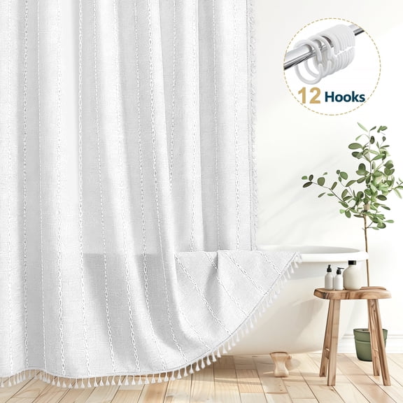 Dznils Boho Tassel Shower Curtain with Hooks, Farmhouse Thick Cloth Linen Fabric Bathroom Curtain, White, 72" x 72"
