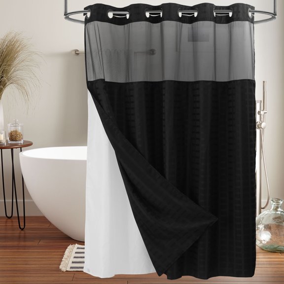 Dznils Easy Hang Fabric Shower Curtain with Snap-in Liner, Built-in Rings, View, 71" x 74", Black