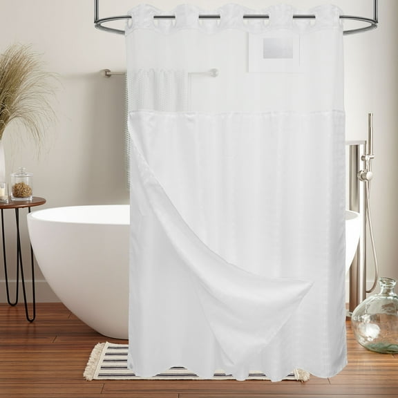 Dznils Easy Hang Fabric Shower Curtain with Snap-in Liner, Built-in Rings, View, 71" x 74", White