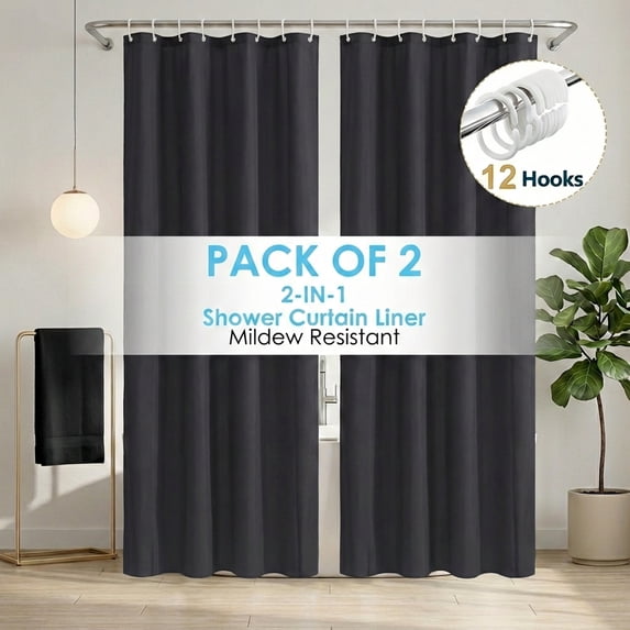 Dznils Black PEVA Shower Curtain Liner Bathroom with Hooks Mildew Resistant Waterproof, 72" W x 78" H, 2 Pack