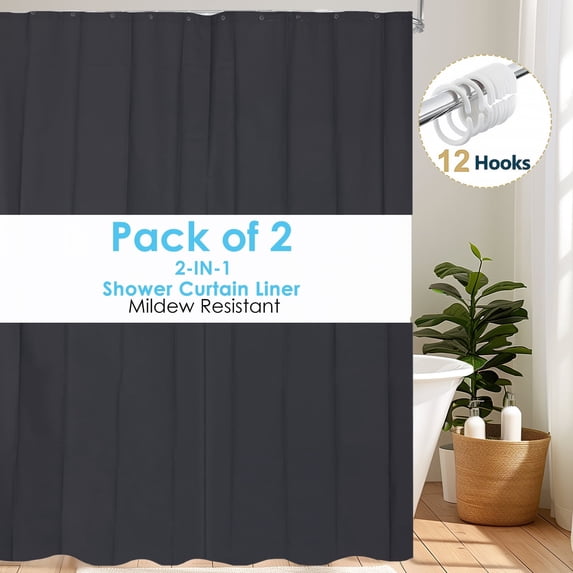 Dznils Black PEVA Shower Curtain Liner Bathroom with Hooks Mildew Resistant Waterproof, 72" W x 78" H, 2 Pack