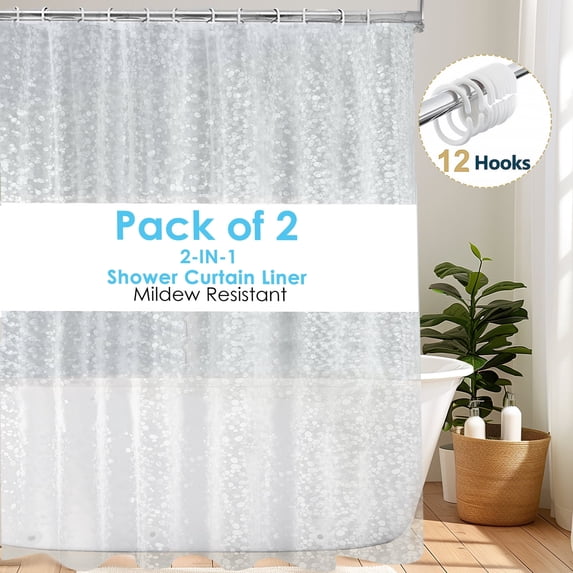 Dznils Clear PEVA Shower Curtain Liner Bathroom with Hooks Mildew Resistant Waterproof, 72" W x 78" H, 3D Pebbles, 2 Pack