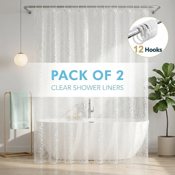 Dznils Extra Long Clear PEVA Shower Curtain Liner with Hooks Mildew Resistant, 70" W x 78" H, 3D Pebbles, 2 Pack
