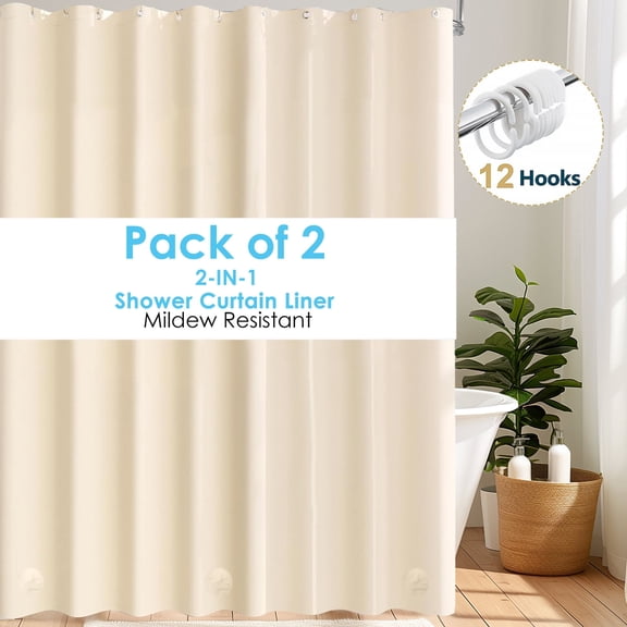 Dznils Extra Long Beige PEVA Shower Curtain Liner with Hooks Mildew Resistant, 72" W x 78" H, 2 Pack