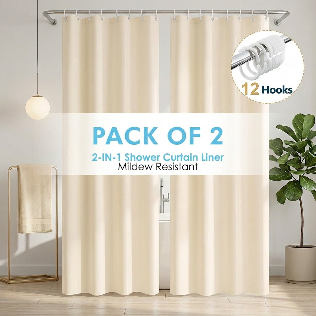 Dznils Extra Long Beige PEVA Shower Curtain Liner with Hooks Mildew Resistant, 72" W x 78" H, 2 Pack