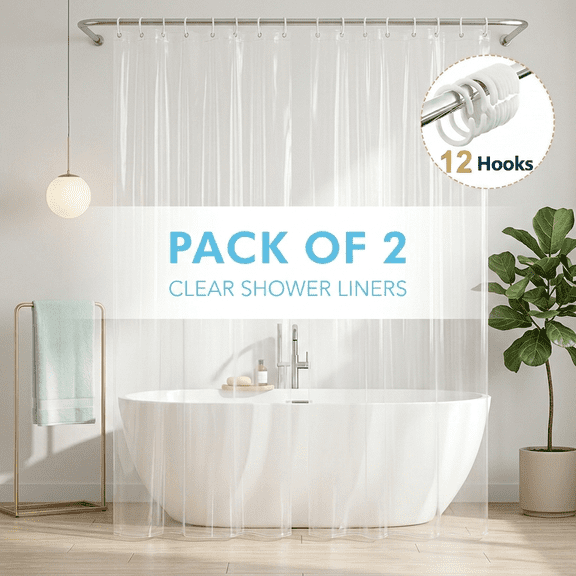 Dznils Extra Long Clear PEVA Shower Curtain Liner with Hooks Mildew Resistant, 72" W x 78" H, 2 Pack
