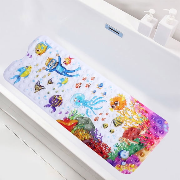 Dznils Extra Long PVC Bathtub Mat, Cartoon Shower Mat with Suction Cups & Drain Holes, 16" x 40"