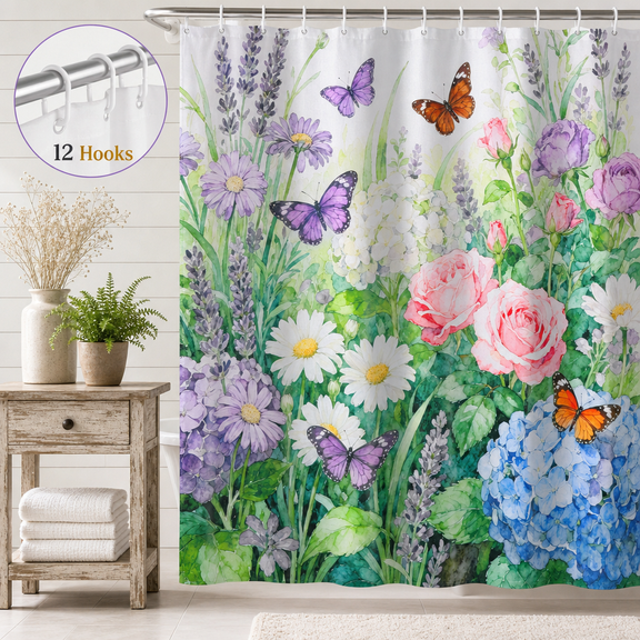 Dznils Floral Shower Curtain Decorative Flower Butterfly Watercolor Polyester Bathroom Curtain with 12 Hooks Bathtub Home Decor 71X71 Inch