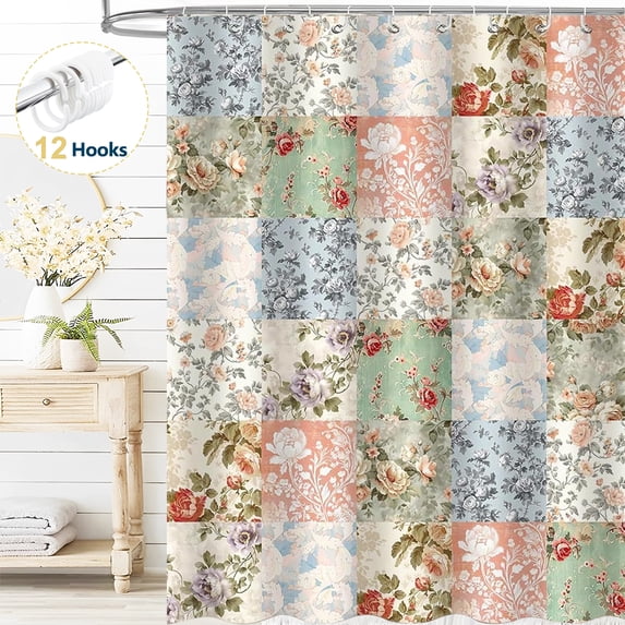 Dznils Floral Shower Curtain with Hooks, Farmhouse Patchwork Fabric Bathroom Curtain, Pink, 72" x 72"