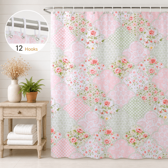 Dznils Floral Shower Curtain with Hooks, Farmhouse Patchwork Fabric Bathroom Curtain, Pink Cyan, 72" x 72"