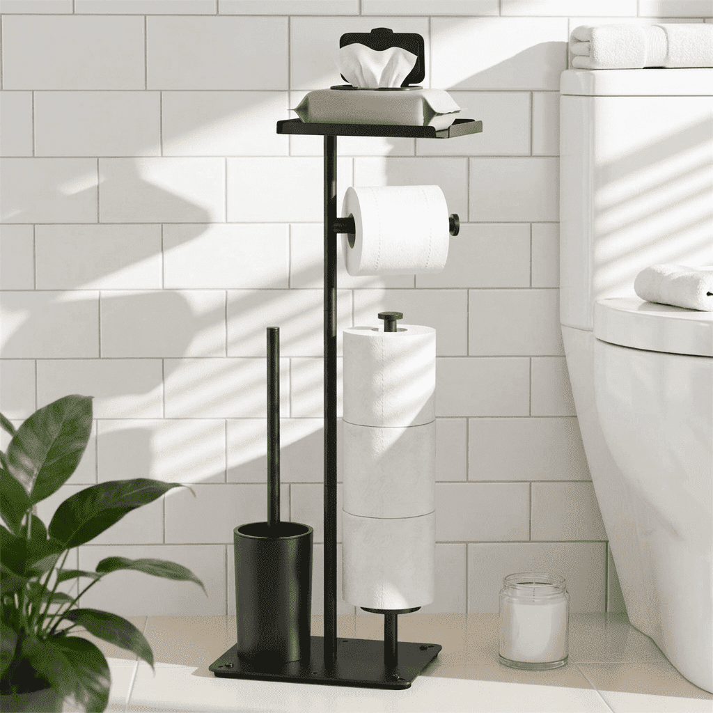 Dznils Free Standing Stainless Steel Toilet Paper Holder with Roll Reserve, Toilet Brush and Top Storage Shelf, Black