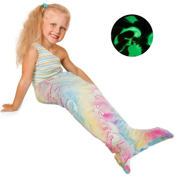 Dznils Glow in The Dark Mermaid Tail Blanket for Kids, Soft Flannel Sleeping Snuggle Blanket, Blue