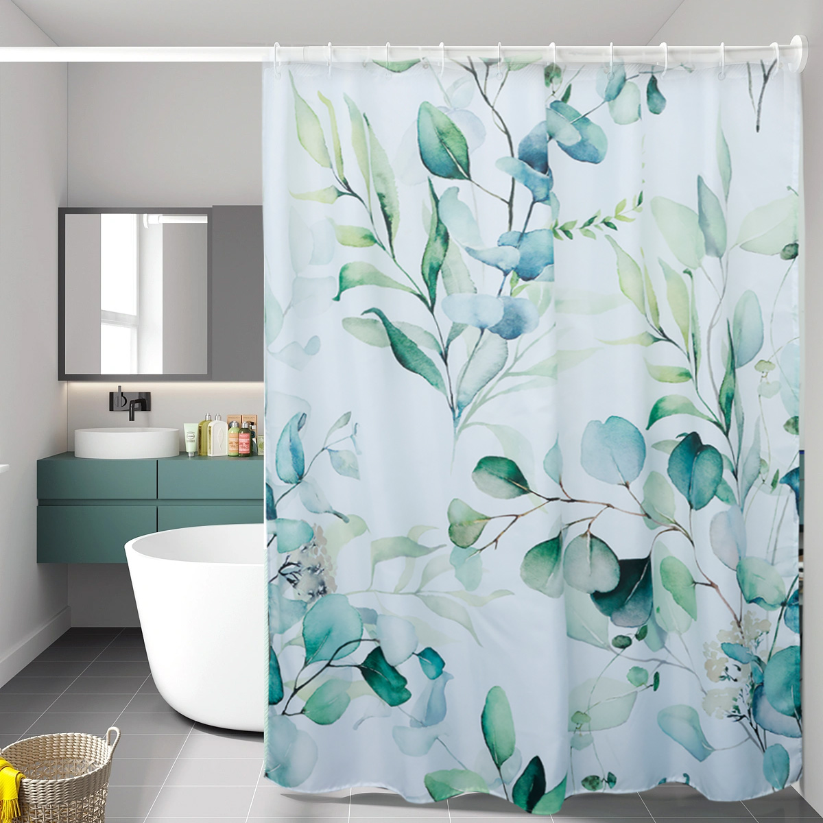 Dznils Green Eucalyptus Fabric Shower Curtain, Watercolor Botanical