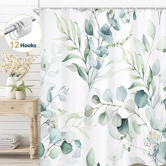 Dznils Green Eucalyptus Fabric Shower Curtain, Watercolor Floral Pattern with 12 Hooks, 72" x 72"