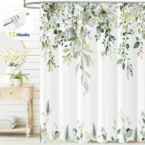 Dznils Green Eucalyptus Fabric Shower Curtain, Watercolor Floral Pattern with Hooks, 72" x 72"