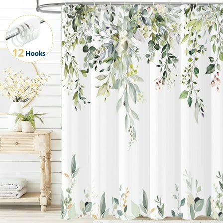 Dznils Green Eucalyptus Fabric Shower Curtain, Watercolor Floral Pattern with Hooks, 72" x 72"