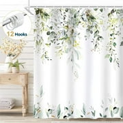 Dznils Green Eucalyptus Fabric Shower Curtain, Watercolor Floral Pattern with Hooks, 72" x 72"