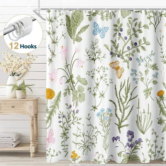Dznils Green Floral Fabric Shower Curtain, Waterproof Bathroom Curtain with 12 Hooks, 72" x 72"