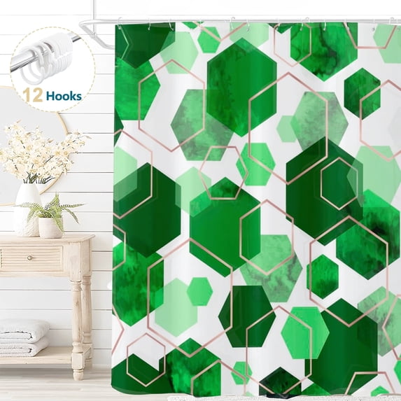 Dznils Green Geometric Fabric Shower Curtain, Modern Abstract Bathroom Curtain with Hooks, 72" x 72"