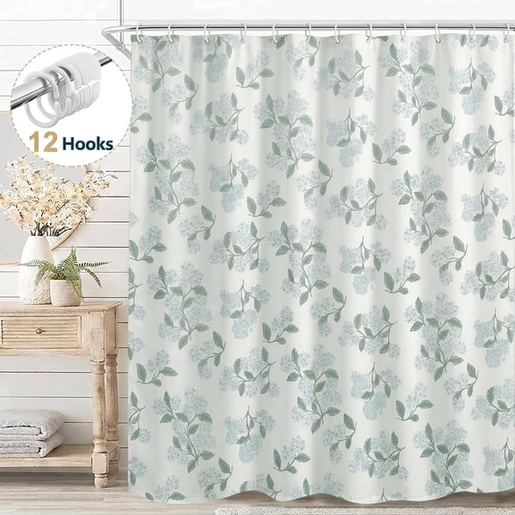 Dznils Green Hydrangea Fabric Shower Curtain, Vintage Floral Bathroom Curtain with Hooks, 72" x 72"