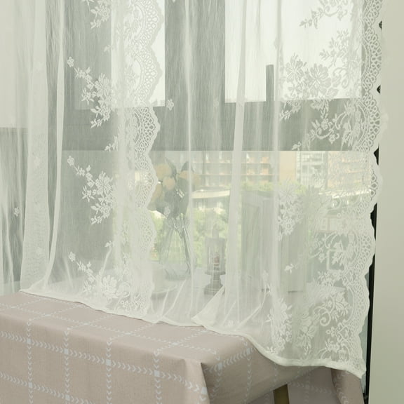 Dznils Lace Sheer Curtains Vintage Floral Patterned, Rod Pocket, 2 Panels, White, 57"W x 51"L