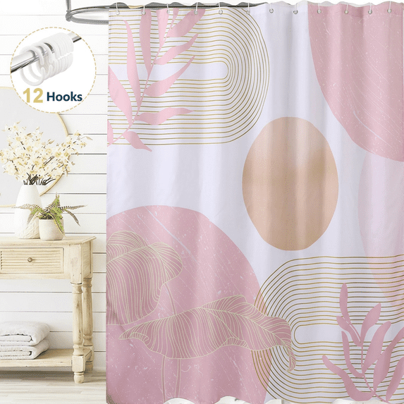 Dznils Boho Shower Curtain with Hooks, Modern Abstract Fabric Bathroom Curtain, 72" x 72", Pink
