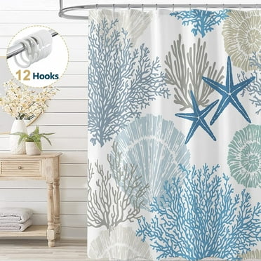 Dznils Nautical Coastal Fabric Shower Curtain, Blue White Bathroom Curtain with 12 Hooks, 72" x 72"