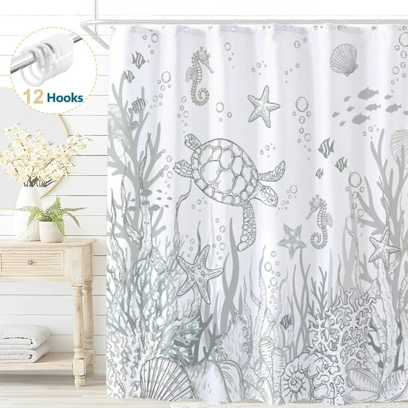 Dznils Nautical Coastal Fabric Shower Curtain, Gray Turtle Bathroom Curtain with 12 Hooks, 72" x 72"