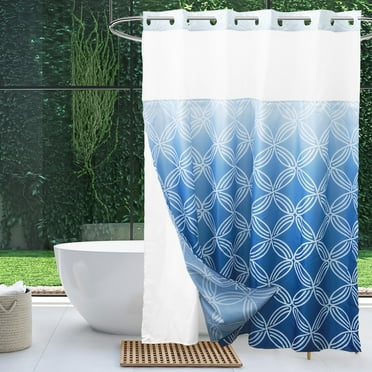Dznils No Hook Shower Curtain with Snap-in Liner, Fabric Bathroom Curtain, Blue & White, 72" x 74"