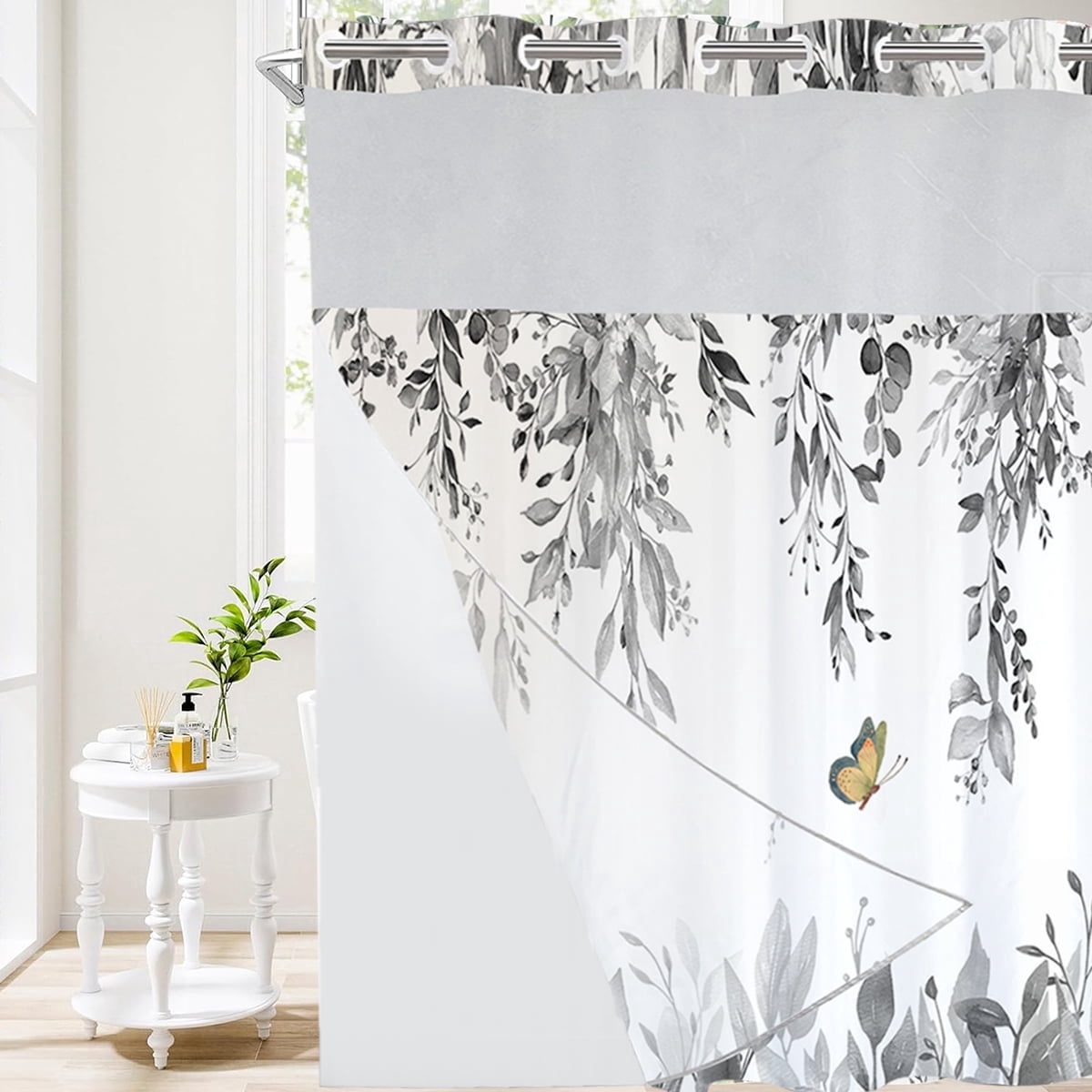Dznils No Hook Shower Curtain with Snap-in Liner, Gray Eucalyptus Fabric Bathroom Curtain, 72" x 74"