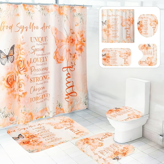 Dznils Orange Floral Shower Curtain Sets with Rugs, 16pc Butterfly Bathroom Curtain Set, 72" x 72"