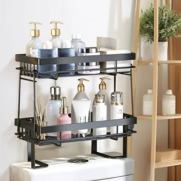 Dznils Over The Toilet Storage Shelf, 2-Tier Steel Bathroom Storage Organizer with Hooks, Black