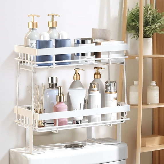 Dznils Over The Toilet Storage Shelf, 2-Tier Steel Bathroom Storage Organizer with Hooks, White
