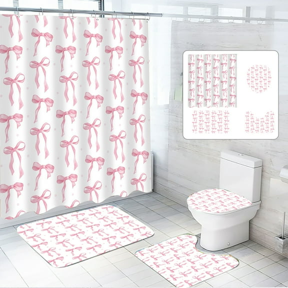 Dznils Pink Bow Shower Curtain and Rug Sets, 16pc Modern Fabric Bathroom Curtain Sets, 72" x 72"