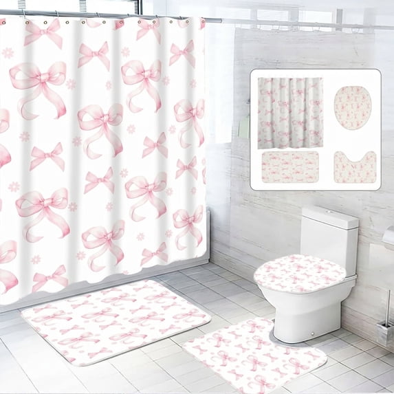 Dznils Pink Bow Shower Curtain and Rug Sets, 16pc Modern Fabric Bathroom Curtain Sets, 72" x 72"
