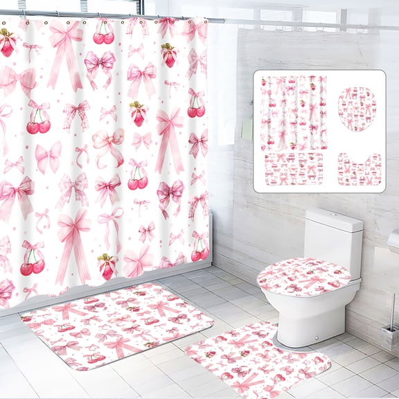 Dznils Pink Bow Shower Curtain and Rug Sets, 16pc Modern Fabric Bathroom Curtain Sets, 72" x 72"