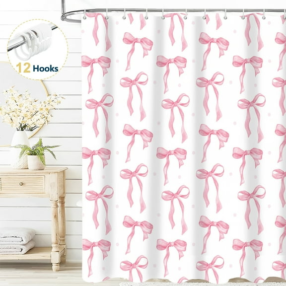 Dznils Pink Bow Shower Curtain with Hooks, Modern Aesthetic Fabric Bathroom Curtain, 72" x 72"