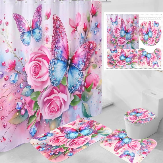 Dznils Pink Floral Shower Curtain Sets with Rugs, 16Pcs Butterfly Bathroom Curtain Set, 72" x 72"