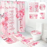 Dznils Pink Floral Shower Curtain Sets with Rugs, 16pc Butterfly Bathroom Curtain Set, 72" x 72"
